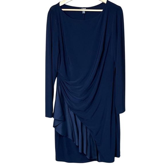 CHAPS Navy Blue Ruffle Sheath Dress Long Sleeve Crew Neck Jersey Knit Sz XL - Picture 3 of 11